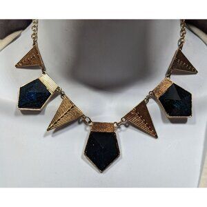 Modern Geometric Gold And Dark Blue Statement Necklace